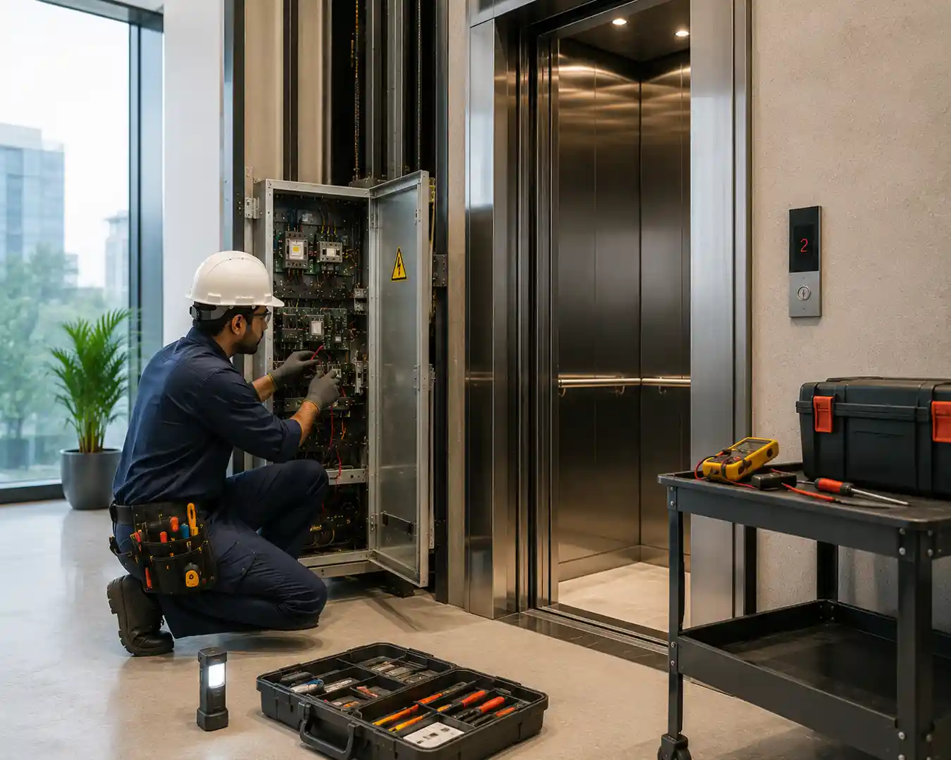 S&G Elevator Service engineer repairing a lift