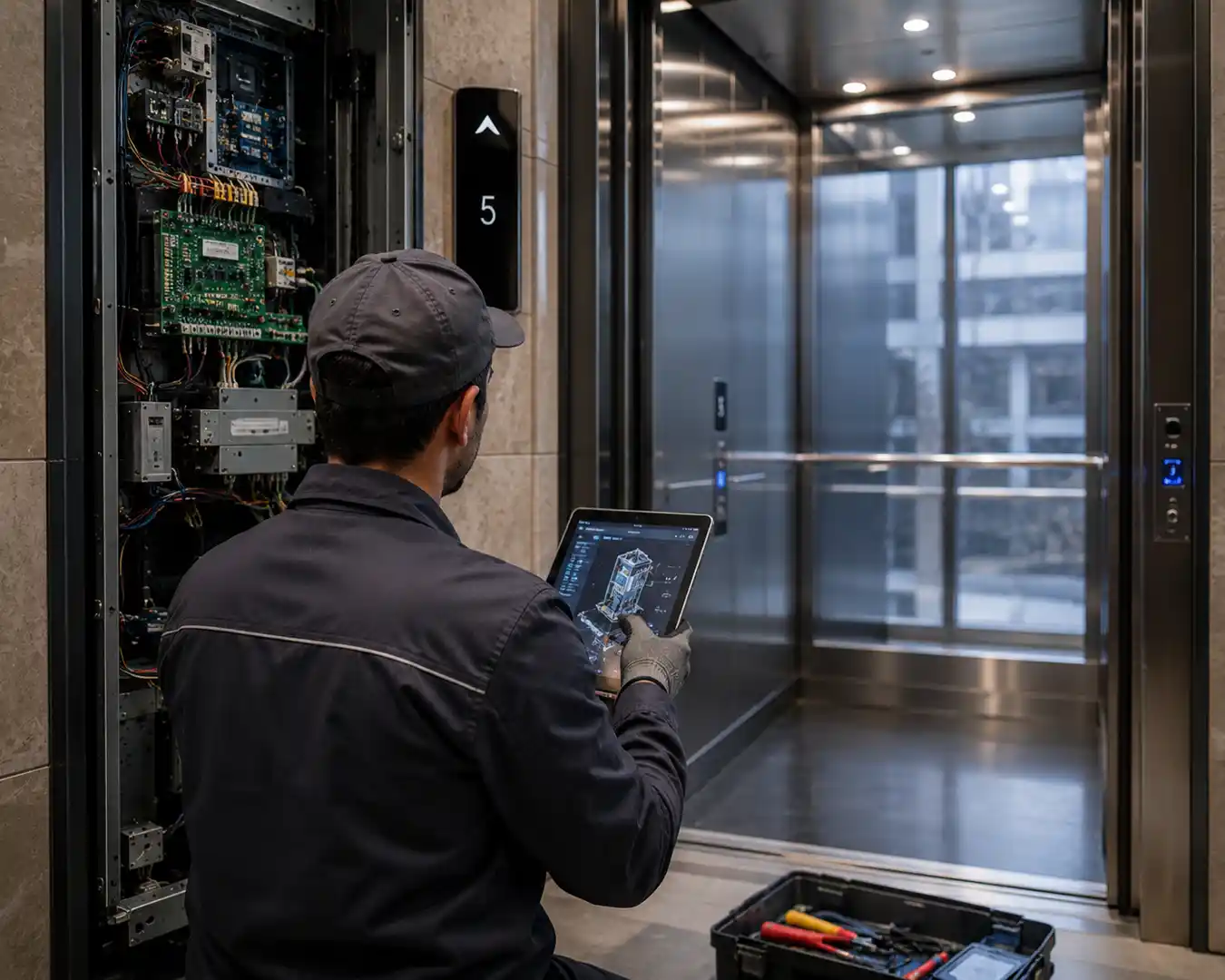 S&G Elevator Service engineer repairing a lift