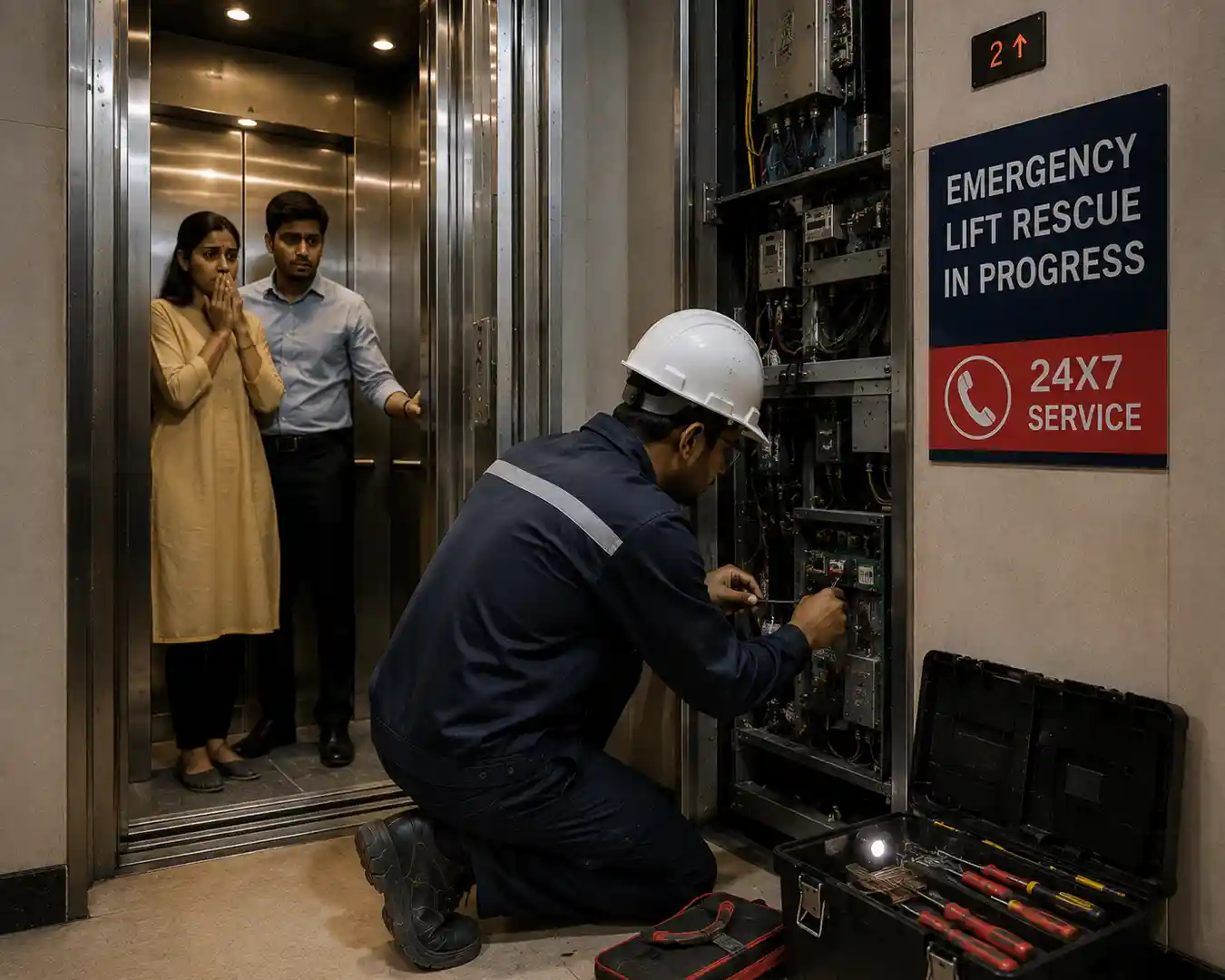 S&G Elevator Service engineer repairing a lift